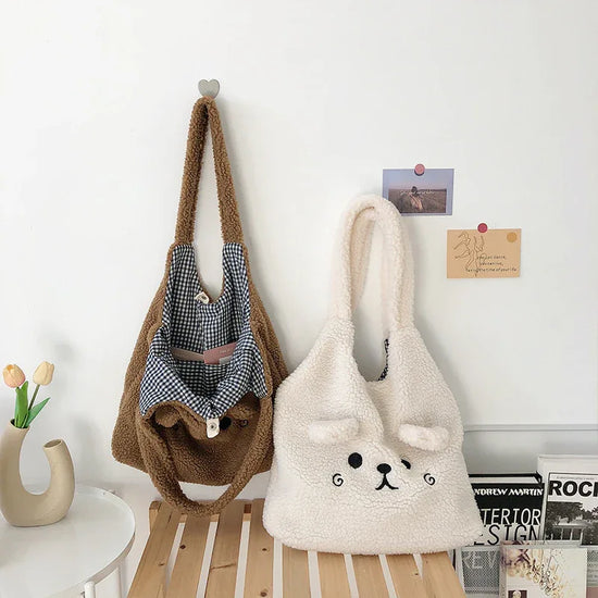 Lamb Wool Large Capacity Plush Embroidery Shopping Bag - DanaFashionstore