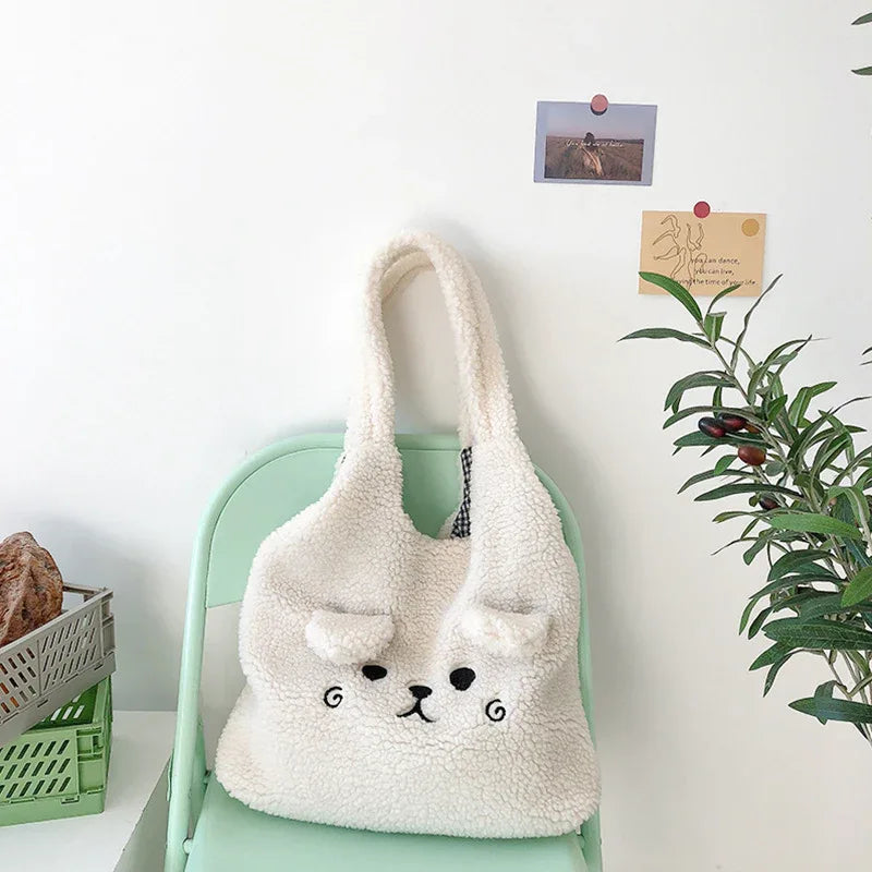 Lamb Wool Large Capacity Plush Embroidery Shopping Bag - DanaFashionstore