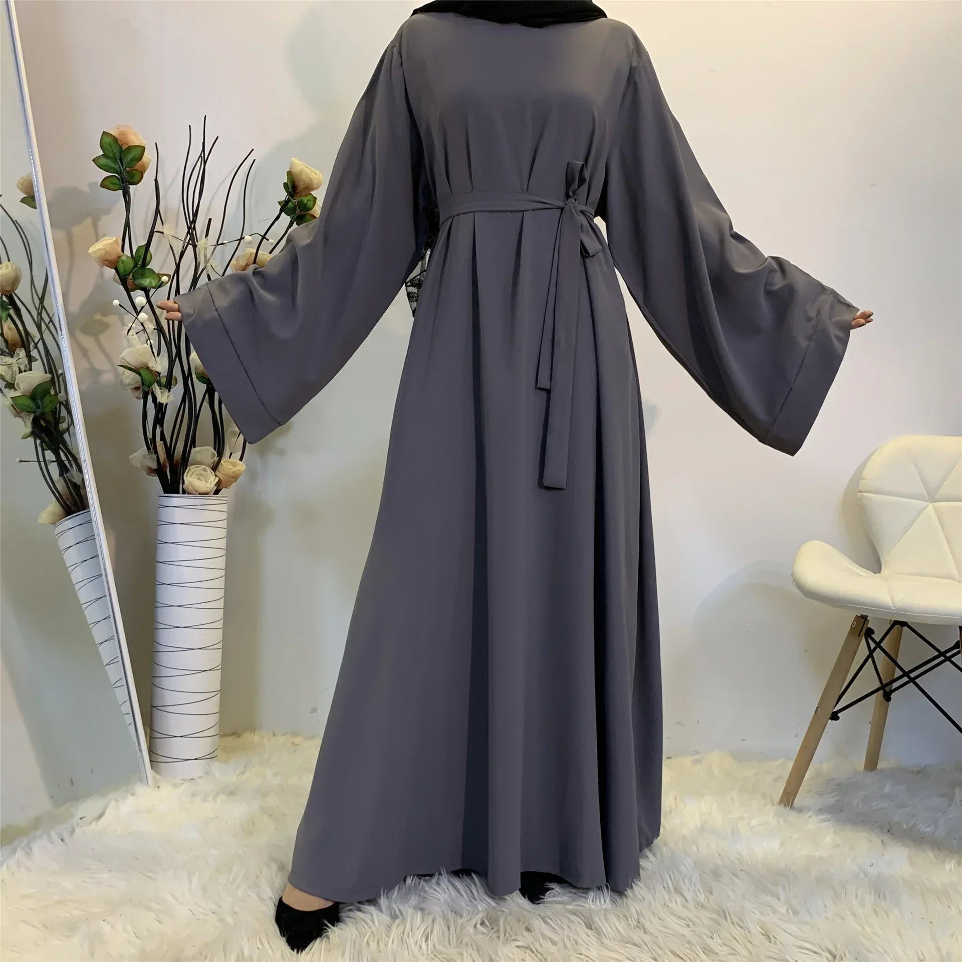 Solid Color Plus Size Lace-up Muslim Dress - Elegant Modest Fashion - DanaFashionstore