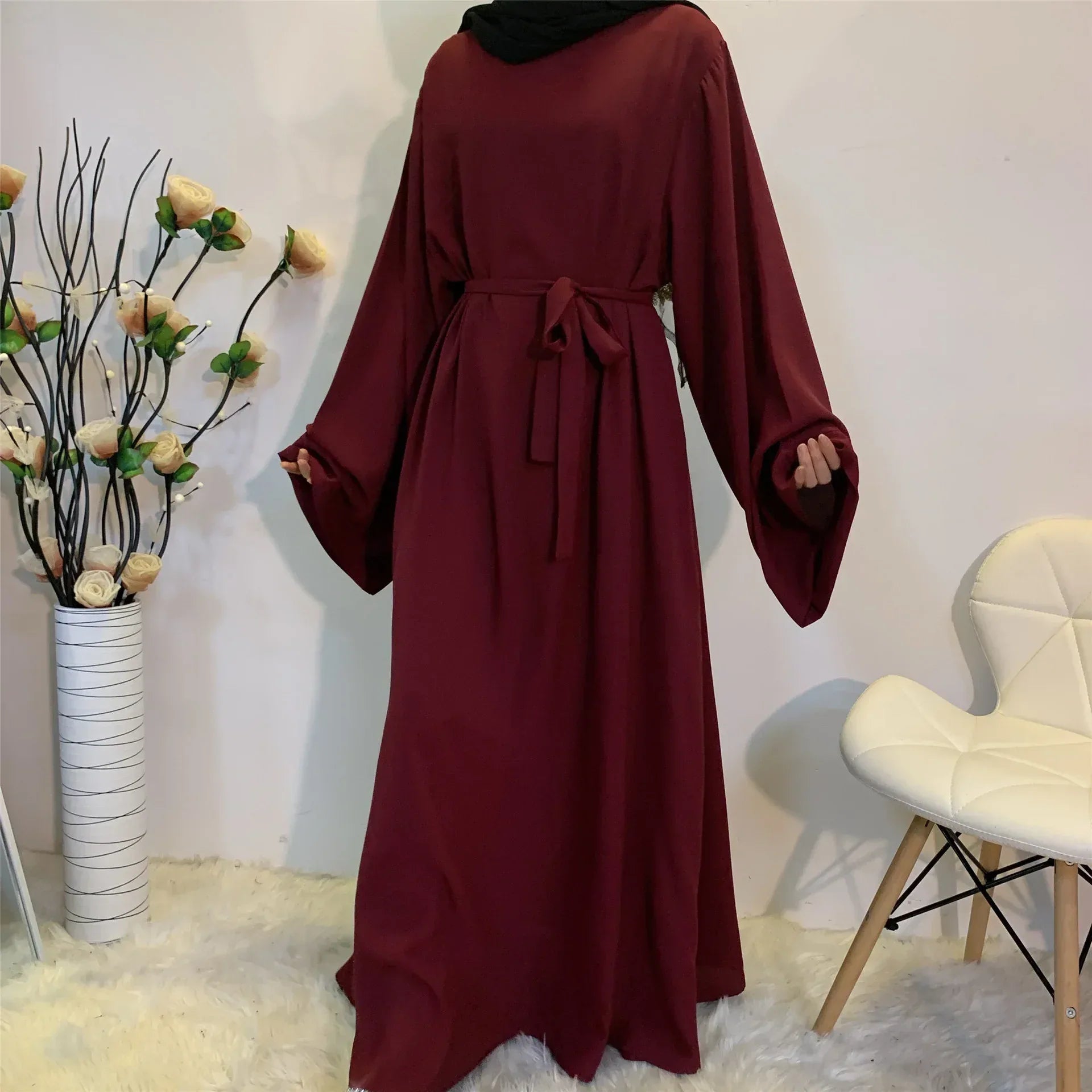 Solid Color Plus Size Lace-up Muslim Dress - Elegant Modest Fashion - DanaFashionstore