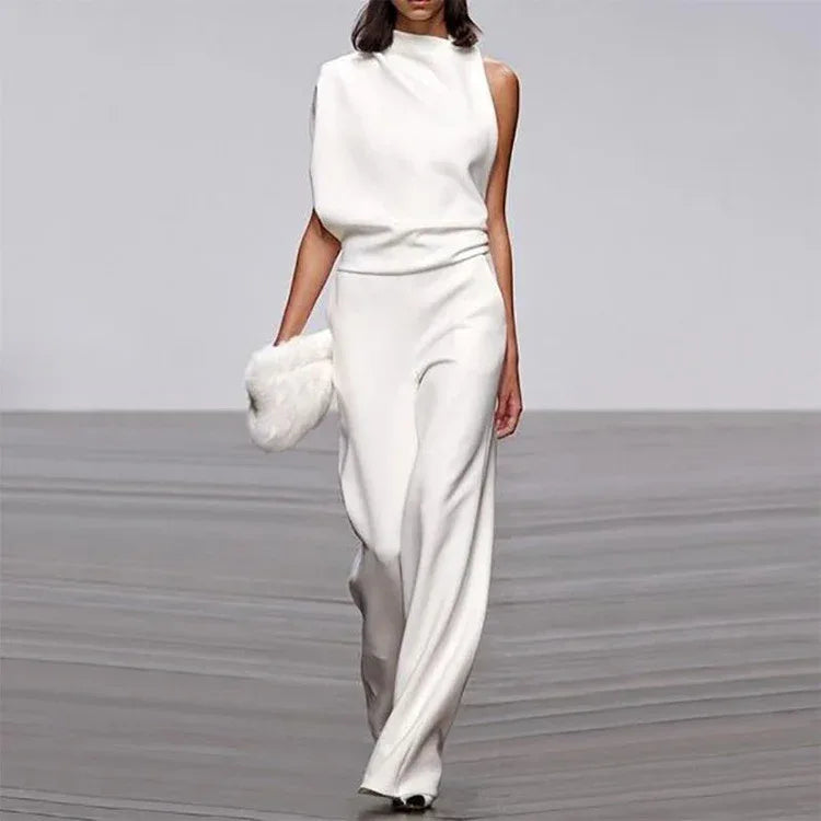 Solid Color One-Shoulder Pile Collar Jumpsuit - DanaFashionstore