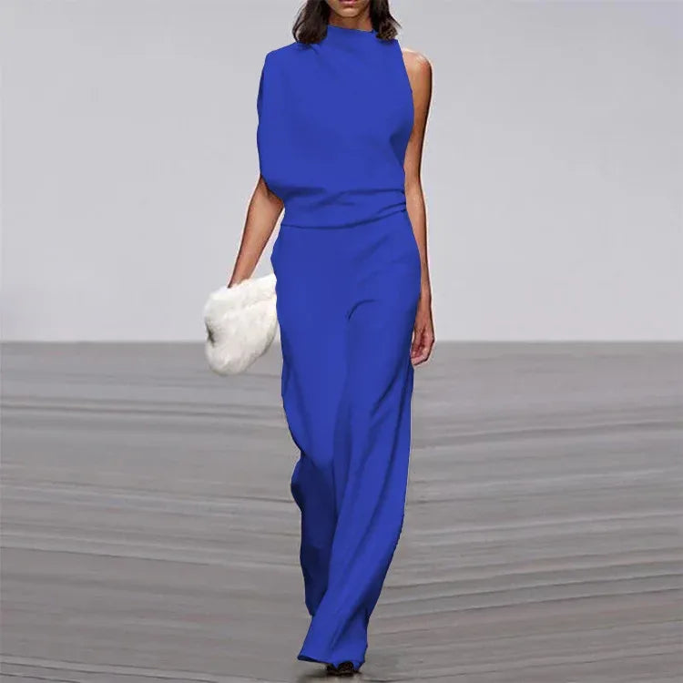 Solid Color One-Shoulder Pile Collar Jumpsuit - DanaFashionstore