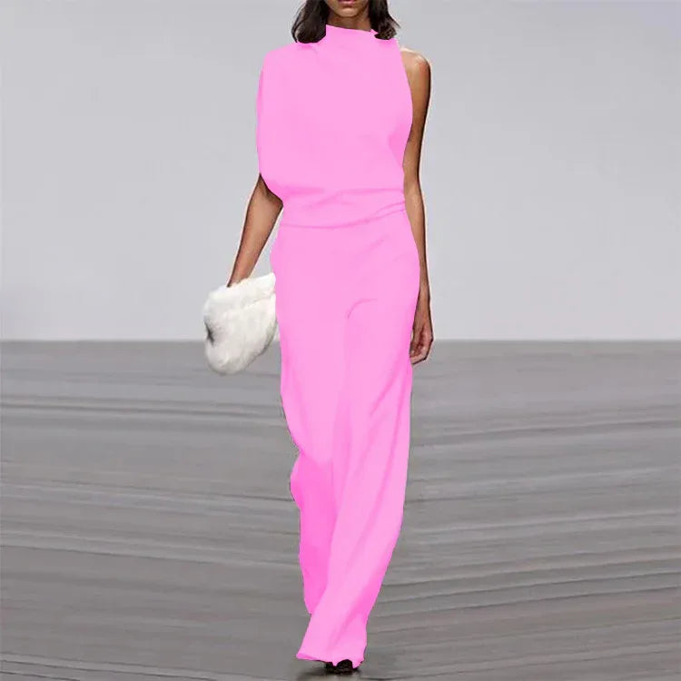 Solid Color One-Shoulder Pile Collar Jumpsuit - DanaFashionstore