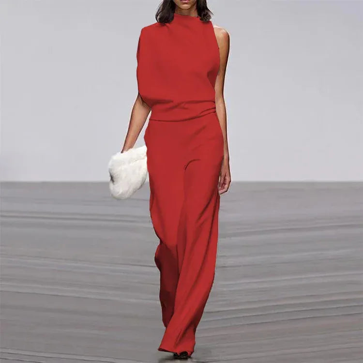 Solid Color One-Shoulder Pile Collar Jumpsuit - DanaFashionstore