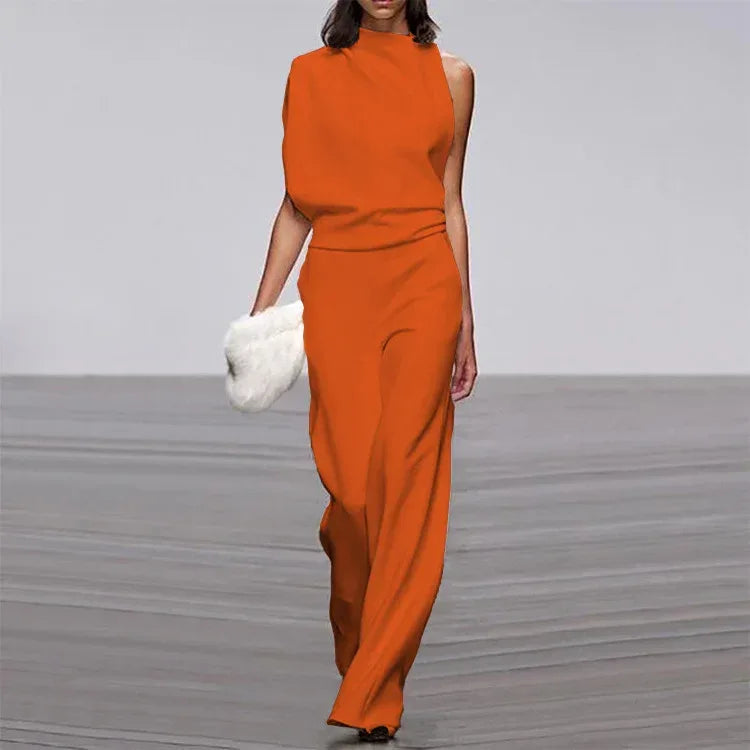 Solid Color One-Shoulder Pile Collar Jumpsuit - DanaFashionstore