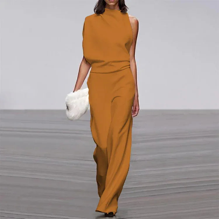 Solid Color One-Shoulder Pile Collar Jumpsuit - DanaFashionstore