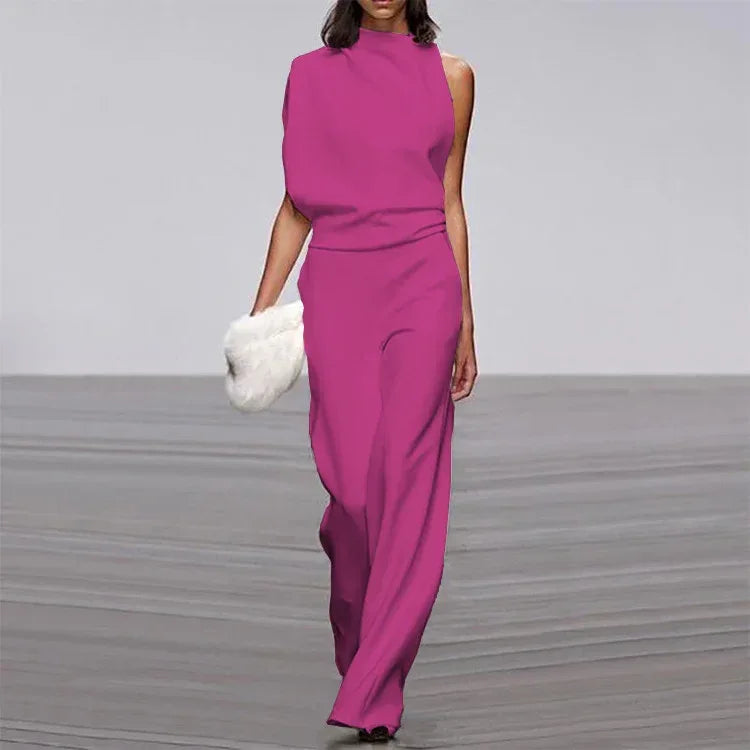 Solid Color One-Shoulder Pile Collar Jumpsuit - DanaFashionstore