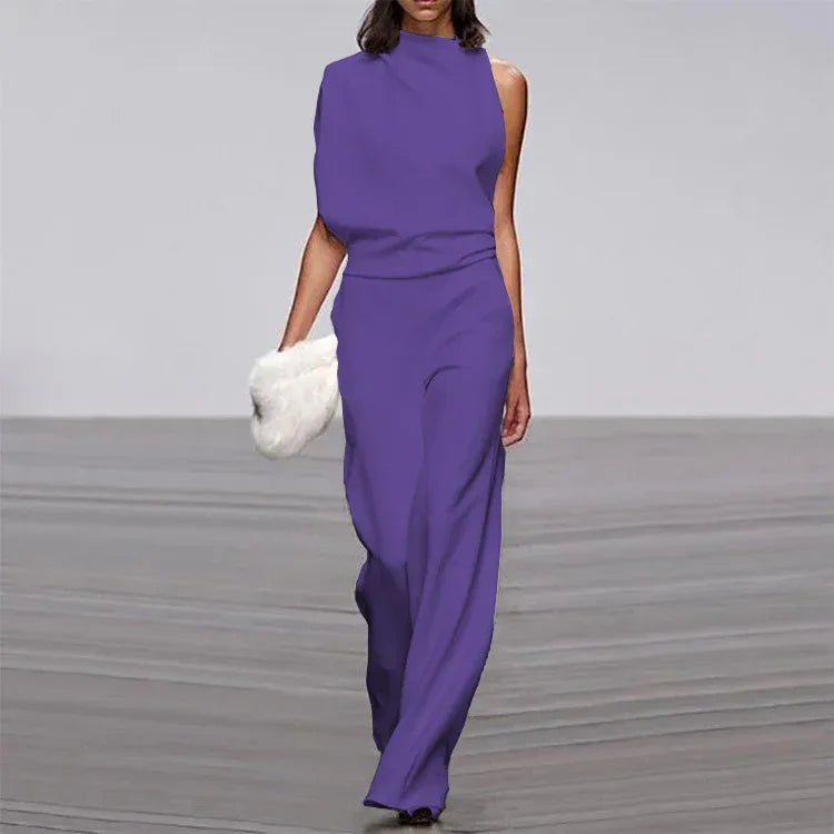 Solid Color One-Shoulder Pile Collar Jumpsuit - DanaFashionstore