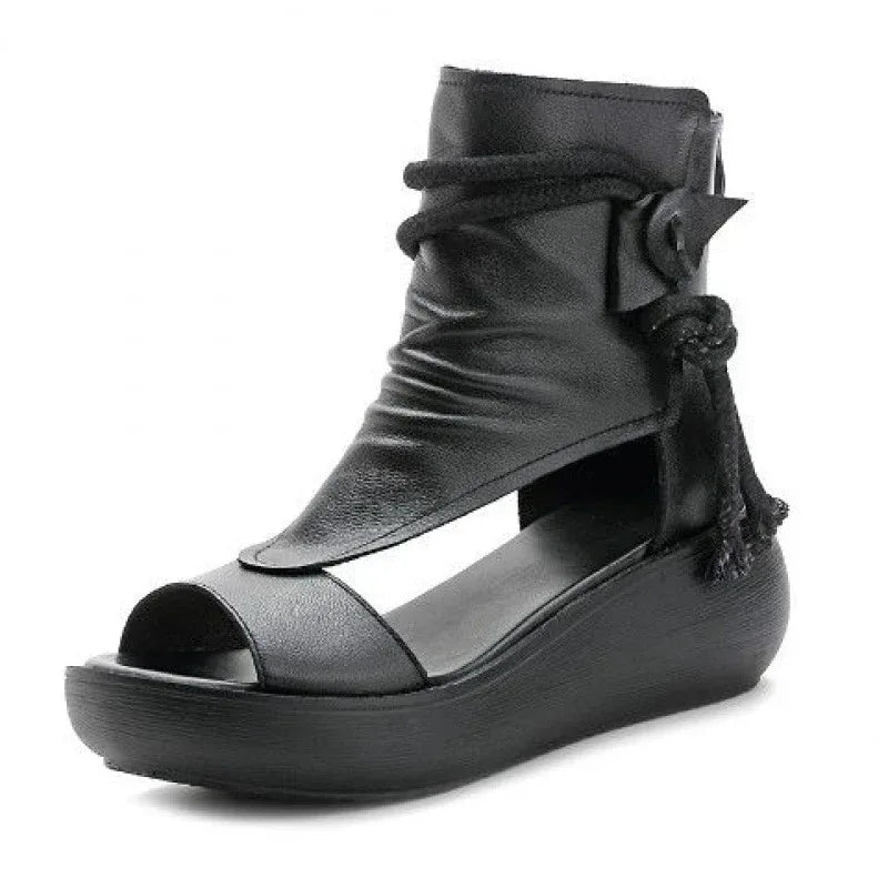 New High Top High Slope Heel Sandals Soft Leather Platform Fish Mouth Sandals - DanaFashionstore