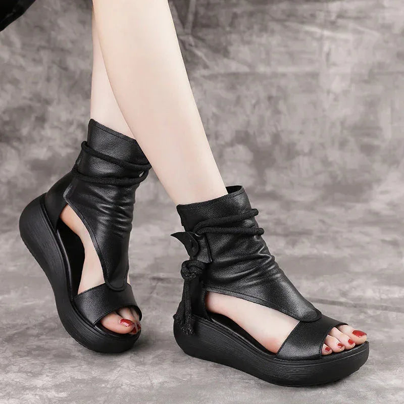 New High Top High Slope Heel Sandals Soft Leather Platform Fish Mouth Sandals - DanaFashionstore