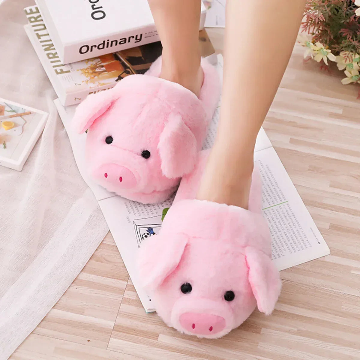 Toot Pig Plush Cotton Slippers Women's Baotou Non-slip Warm Home Indoor Floor Shoes - DanaFashionstore