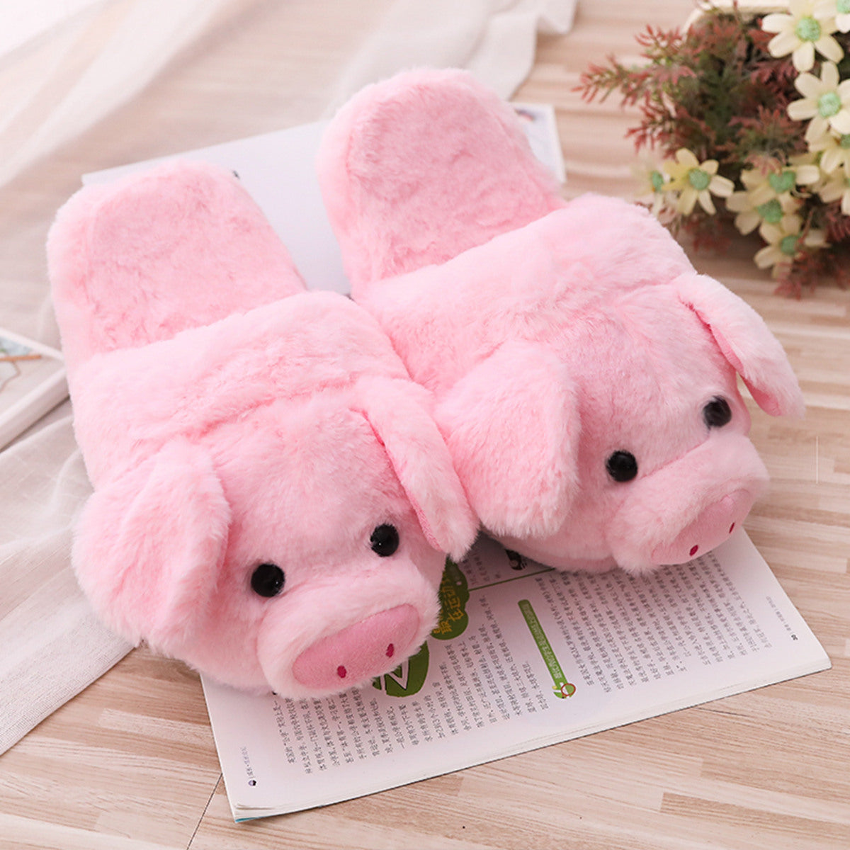 Toot Pig Plush Cotton Slippers Women's Baotou Non-slip Warm Home Indoor Floor Shoes