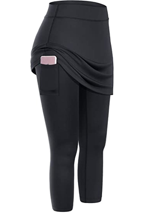 Women Tennis Skirted Leggings Pockets Elastic Sports Yoga Capris Skirts Legging