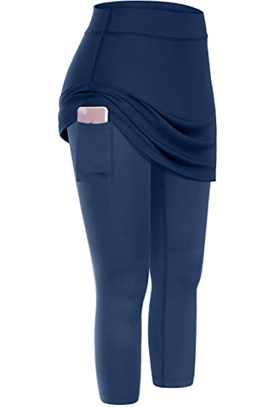 Women Tennis Skirted Leggings Pockets Elastic Sports Yoga Capris Skirts Legging