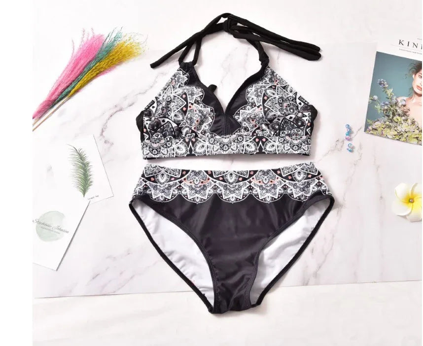 Printed Swimsuit Retro Bikini With Back Straps - DanaFashionstore