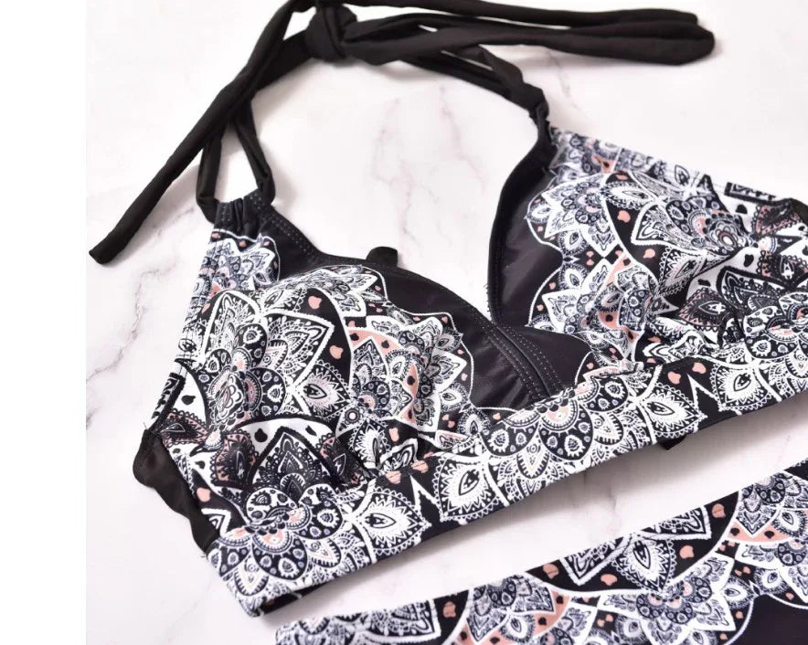 Printed Swimsuit Retro Bikini With Back Straps - DanaFashionstore