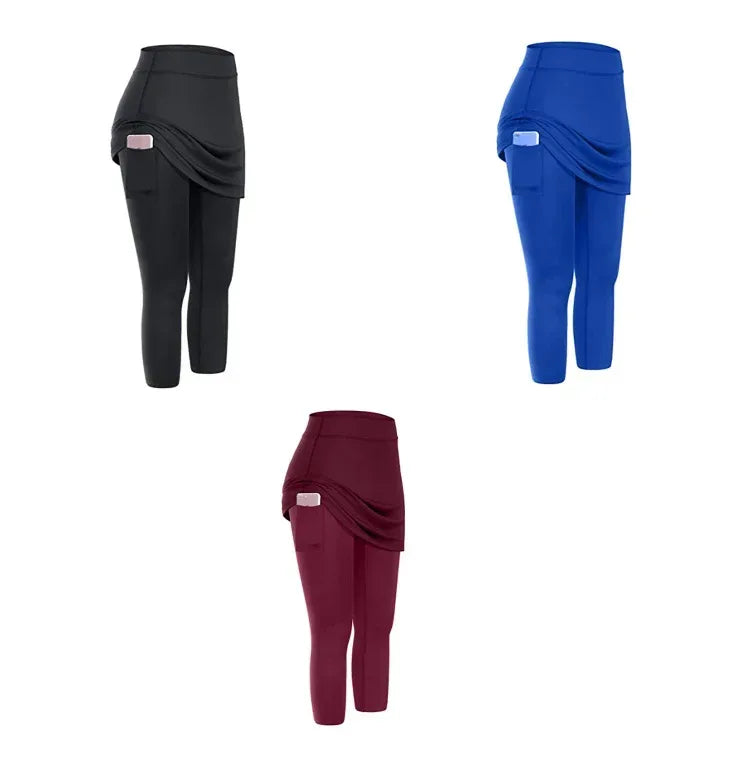 Women Tennis Skirted Leggings Pockets Elastic Sports Yoga Capris Skirts Legging - DanaFashionstore
