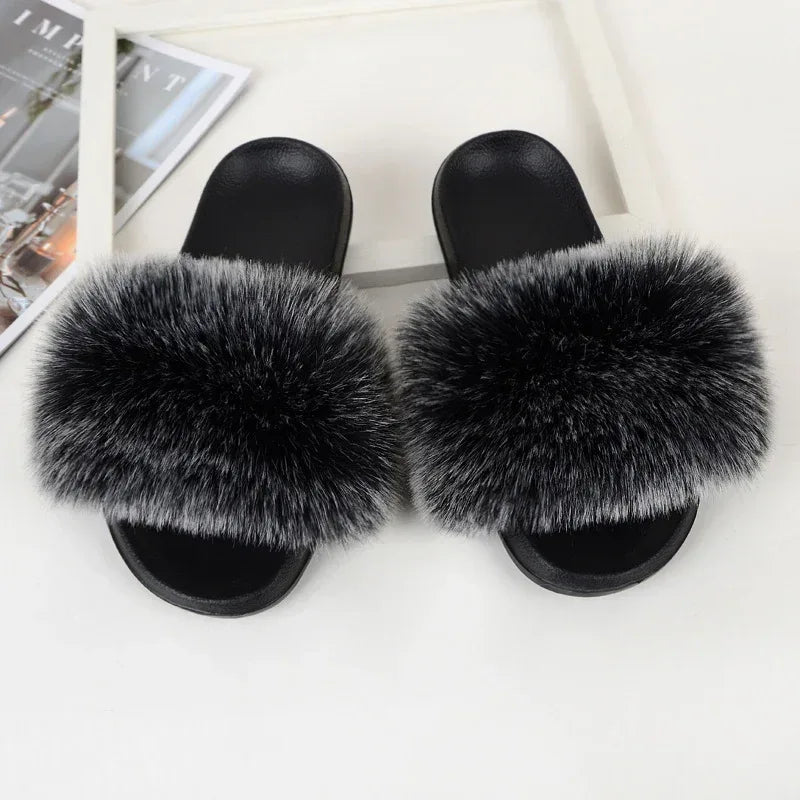 Faux Fox Fur Slippers Women Non Slip Plush Slippers - DanaFashionstore