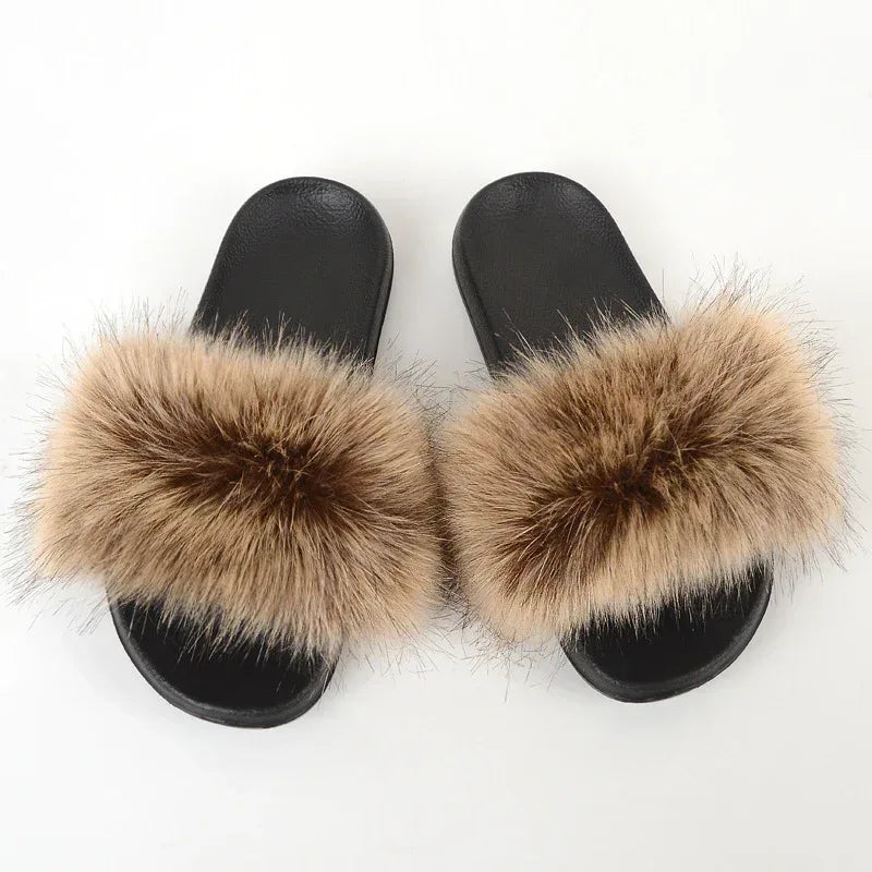 Faux Fox Fur Slippers Women Non Slip Plush Slippers - DanaFashionstore