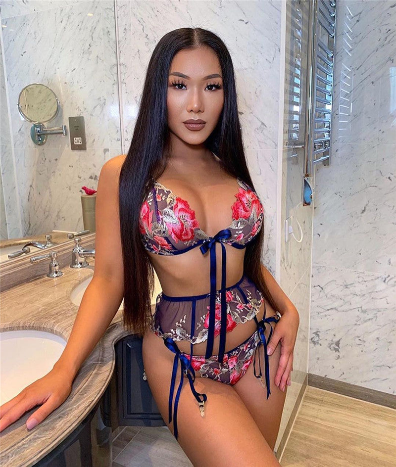 Sexy Strappy Mesh Printed Three-point Sexy Suit
