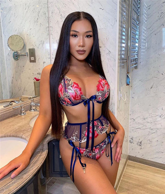 Sexy Strappy Mesh Printed Three-point Sexy Suit