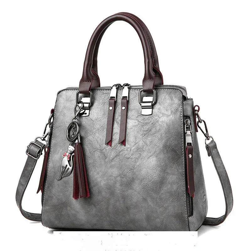 Vintage Handbag Women PU Leather Tassel Top-handle Bag Fashion Lady Tote Luxury Large Capacity Shoulder Bag - DanaFashionstore