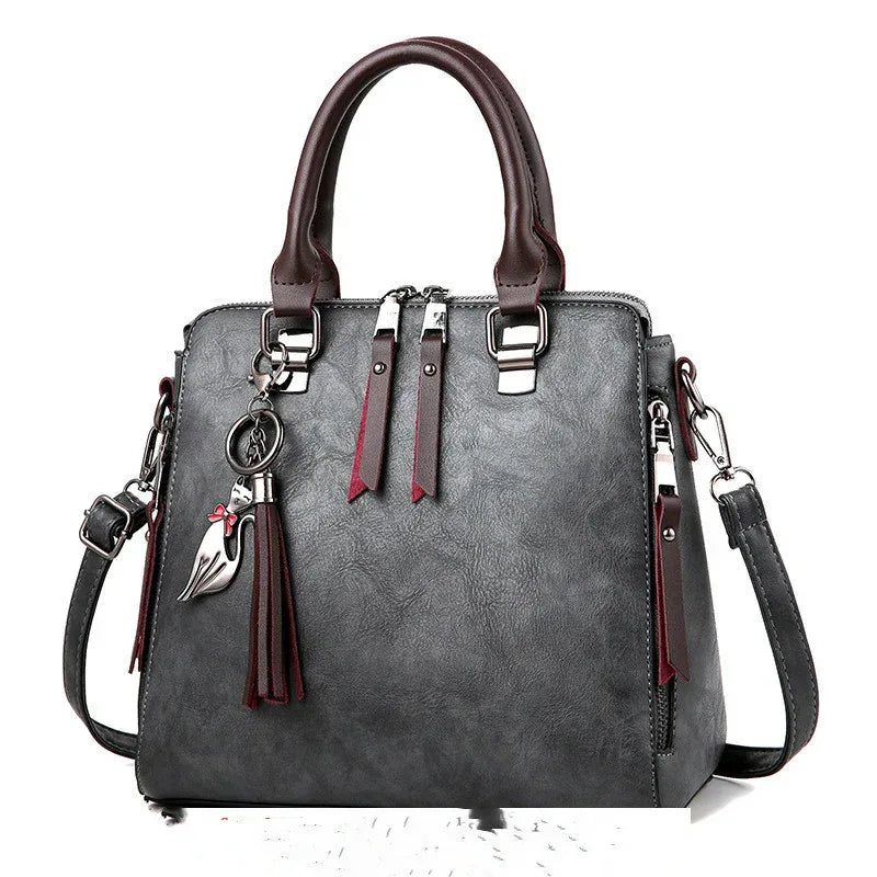 Vintage Handbag Women PU Leather Tassel Top-handle Bag Fashion Lady Tote Luxury Large Capacity Shoulder Bag - DanaFashionstore