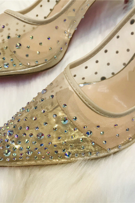 Mesh Rhinestone Transparent Women's Single Shoes Pointed High Heels Women
