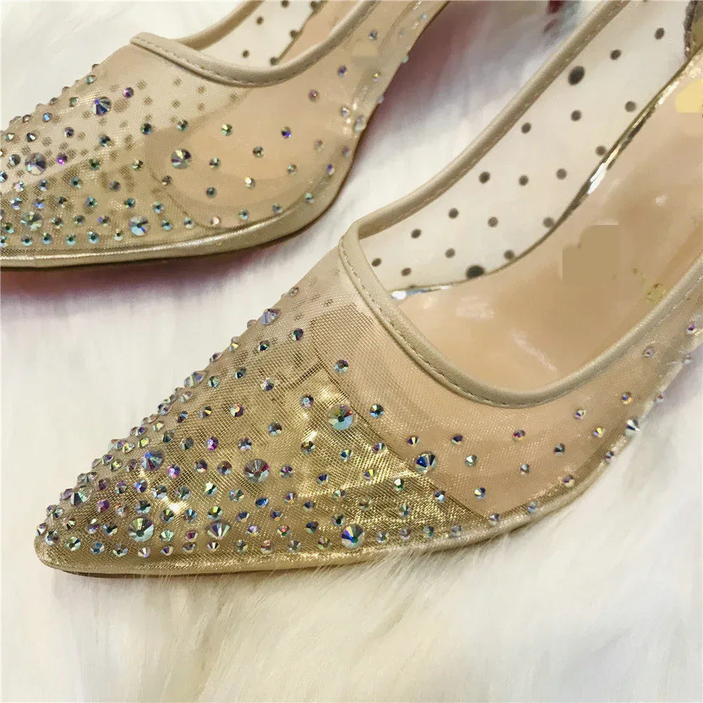 Mesh Rhinestone Transparent Women's Single Shoes Pointed High Heels Women - DanaFashionstore
