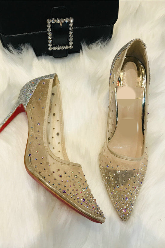 Mesh Rhinestone Transparent Women's Single Shoes Pointed High Heels Women