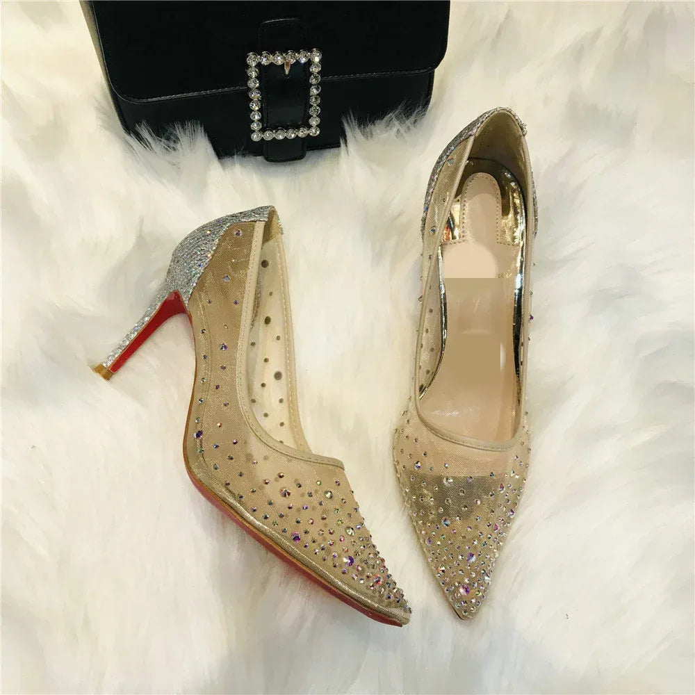 Mesh Rhinestone Transparent Women's Single Shoes Pointed High Heels Women - DanaFashionstore