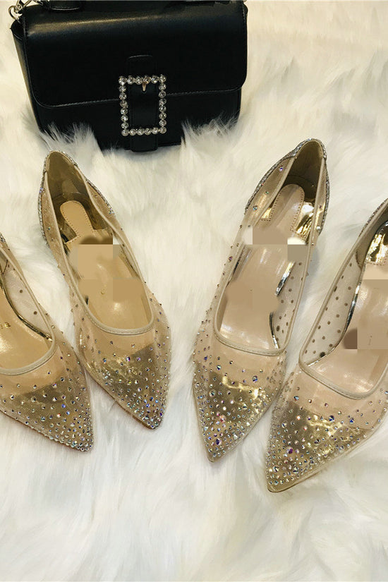 Mesh Rhinestone Transparent Women's Single Shoes Pointed High Heels Women