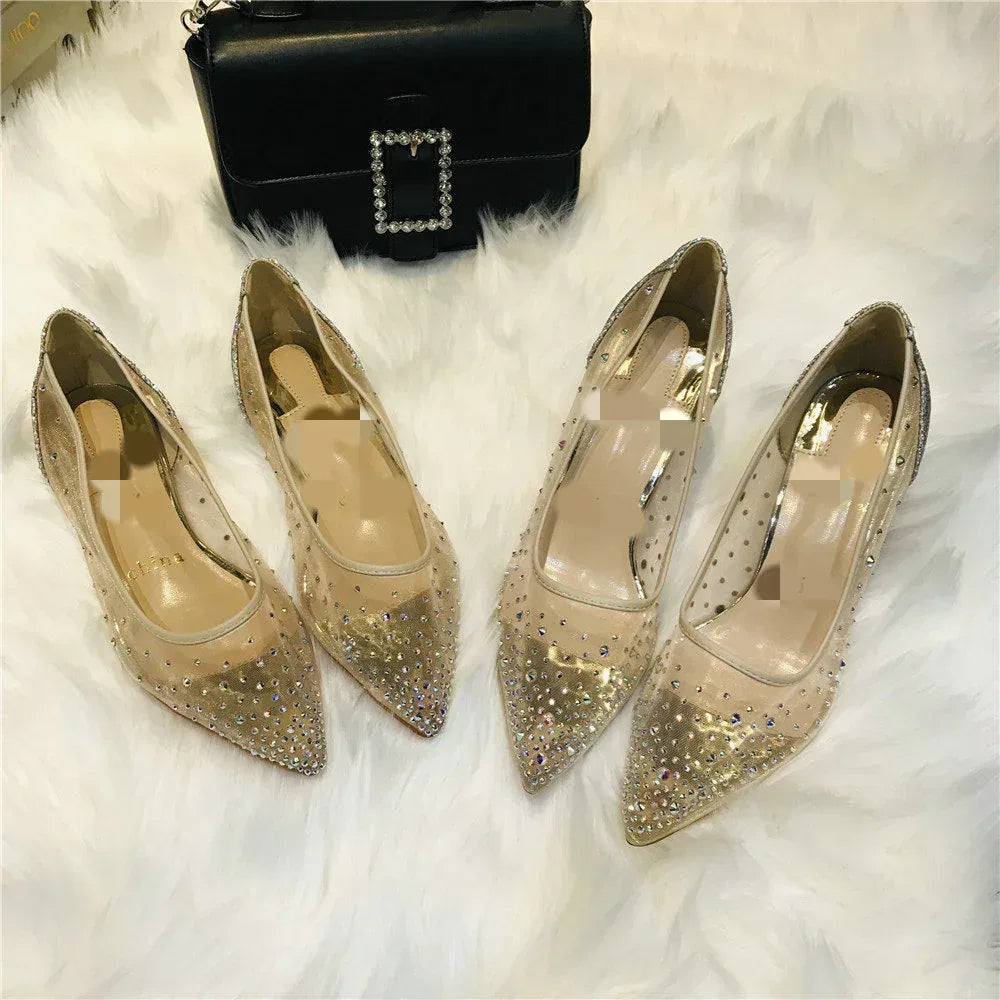Mesh Rhinestone Transparent Women's Single Shoes Pointed High Heels Women - DanaFashionstore