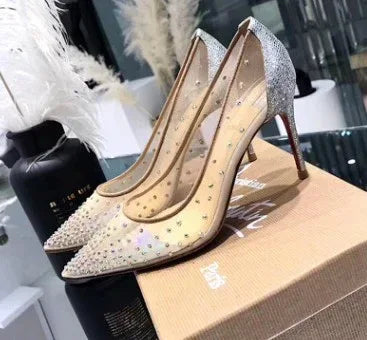 Mesh Rhinestone Transparent Women's Single Shoes Pointed High Heels Women - DanaFashionstore