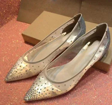 Mesh Rhinestone Transparent Women's Single Shoes Pointed High Heels Women - DanaFashionstore