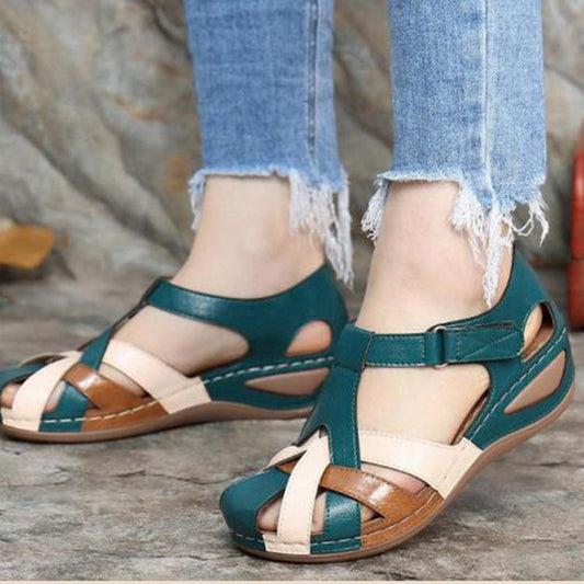 Summer New Retro Round Head Wedge Heel Ladies Cross Buckle Sandals