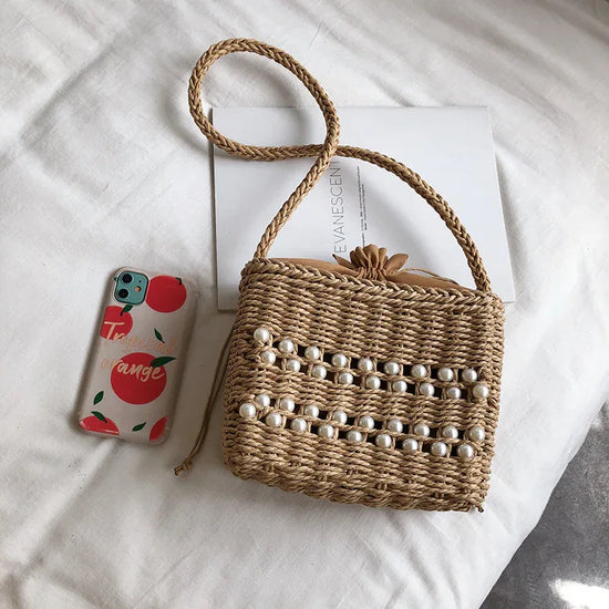Fashion Messenger Bag Women Casual Western Style One-shoulder Pearl Straw Woven Bag - DanaFashionstore