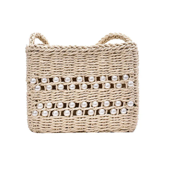 Fashion Messenger Bag Women Casual Western Style One-shoulder Pearl Straw Woven Bag - DanaFashionstore