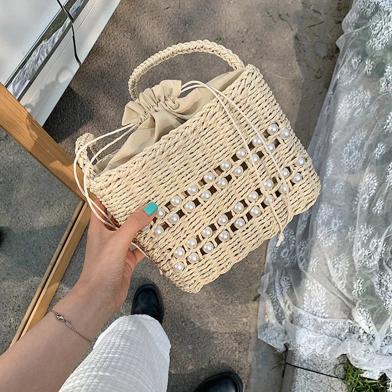 Fashion Messenger Bag Women Casual Western Style One-shoulder Pearl Straw Woven Bag - DanaFashionstore