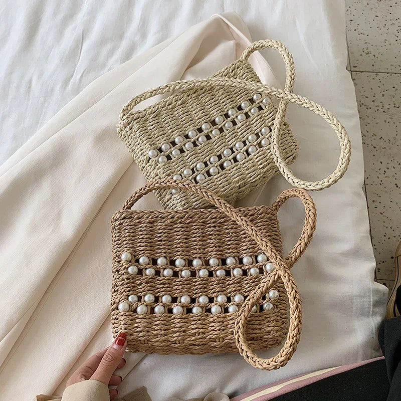 Fashion Messenger Bag Women Casual Western Style One-shoulder Pearl Straw Woven Bag - DanaFashionstore