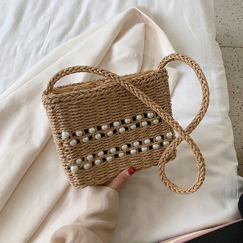 Fashion Messenger Bag Women Casual Western Style One-shoulder Pearl Straw Woven Bag - DanaFashionstore