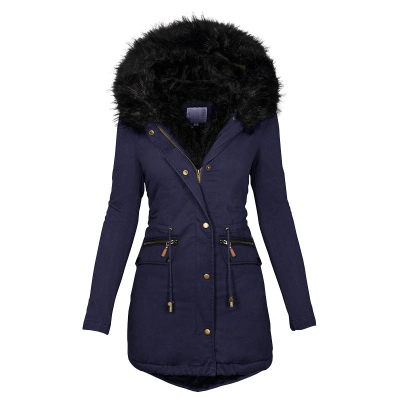Women's Plush Hooded Parkas Winter Warm Thick  Zip-up Jackets Casual Mid-length Solid Buckle Pockets Coat Outerwear Clothing Dana Fashion