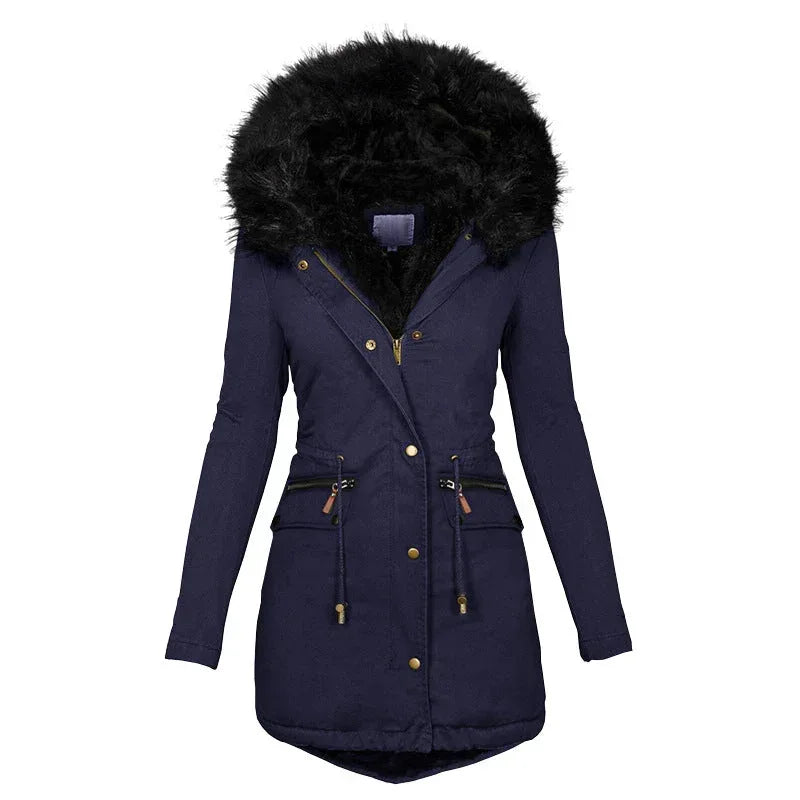 Women's Plush Hooded Parkas Winter Warm Thick Zip-up Jackets Casual Mid-length Solid Buckle Pockets Coat Outerwear Clothing - DanaFashionstore
