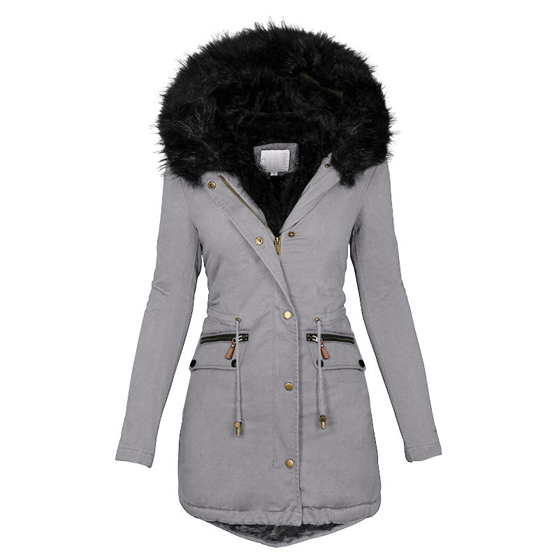 Women's Plush Hooded Parkas Winter Warm Thick  Zip-up Jackets Casual Mid-length Solid Buckle Pockets Coat Outerwear Clothing Dana Fashion