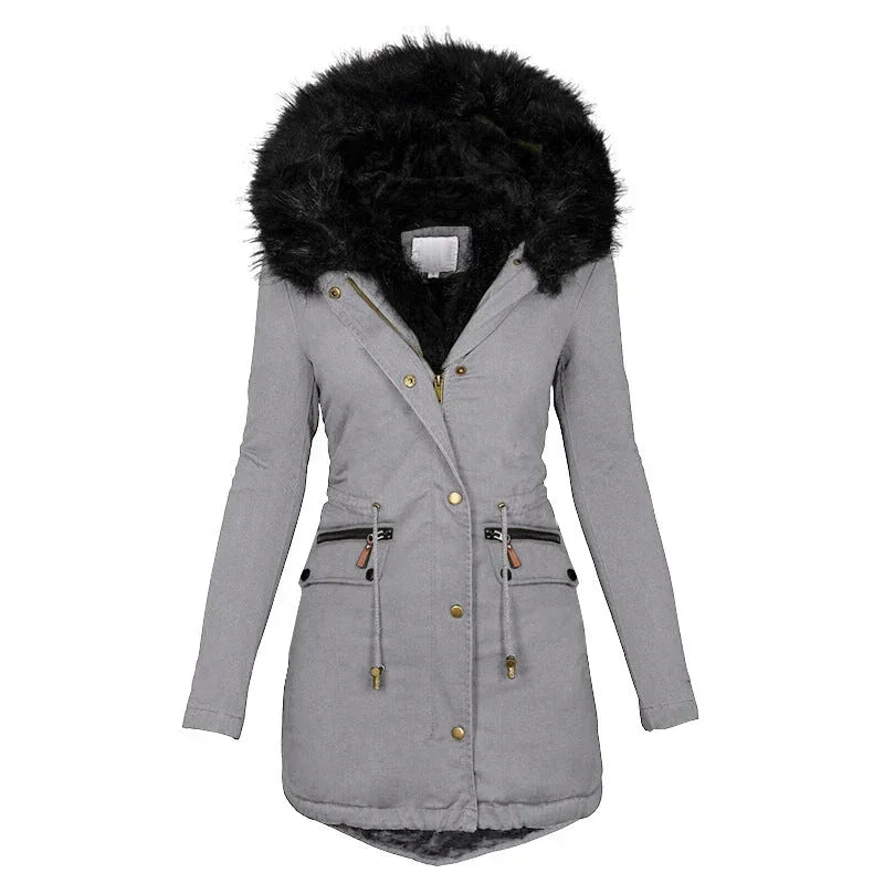 Women's Plush Hooded Parkas Winter Warm Thick Zip-up Jackets Casual Mid-length Solid Buckle Pockets Coat Outerwear Clothing - DanaFashionstore