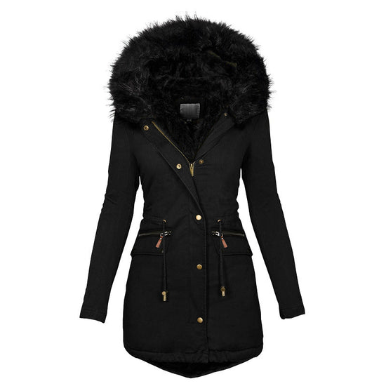 Women's Plush Hooded Parkas Winter Warm Thick  Zip-up Jackets Casual Mid-length Solid Buckle Pockets Coat Outerwear Clothing Dana Fashion