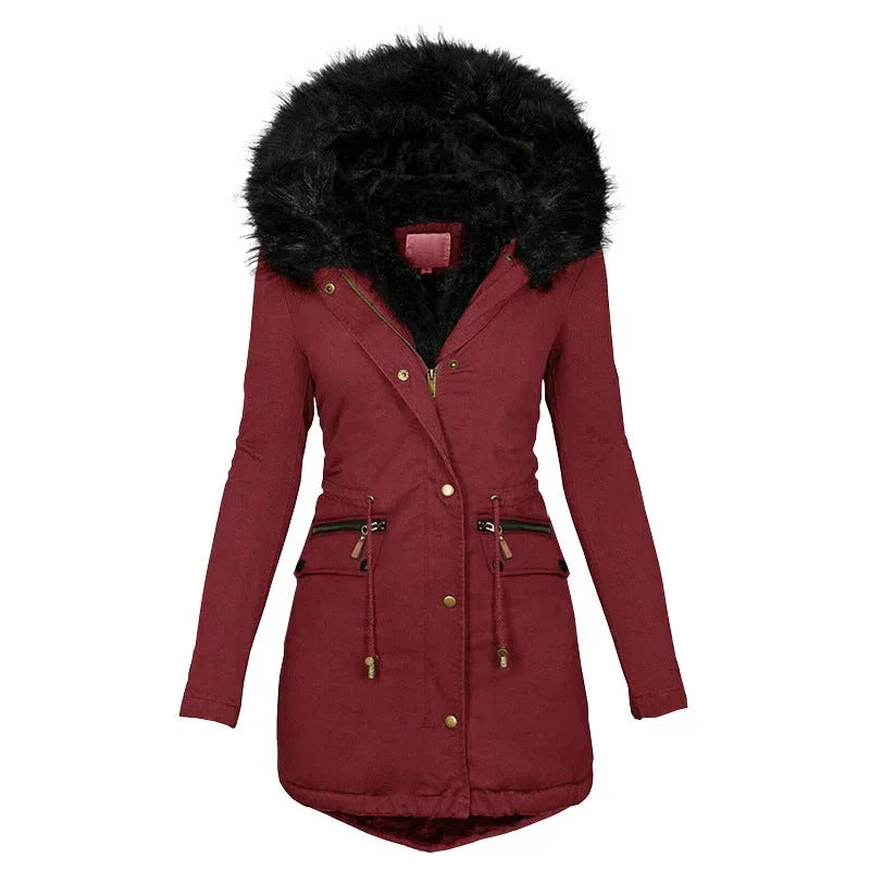 Women's Plush Hooded Parkas Winter Warm Thick Zip-up Jackets Casual Mid-length Solid Buckle Pockets Coat Outerwear Clothing - DanaFashionstore