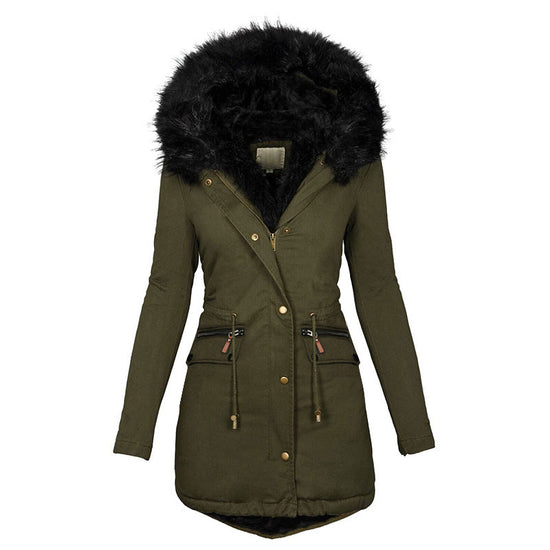 Women's Plush Hooded Parkas Winter Warm Thick  Zip-up Jackets Casual Mid-length Solid Buckle Pockets Coat Outerwear Clothing Dana Fashion