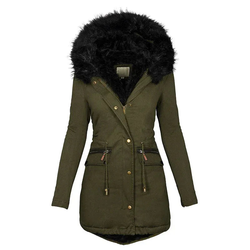 Women's Plush Hooded Parkas Winter Warm Thick Zip-up Jackets Casual Mid-length Solid Buckle Pockets Coat Outerwear Clothing - DanaFashionstore