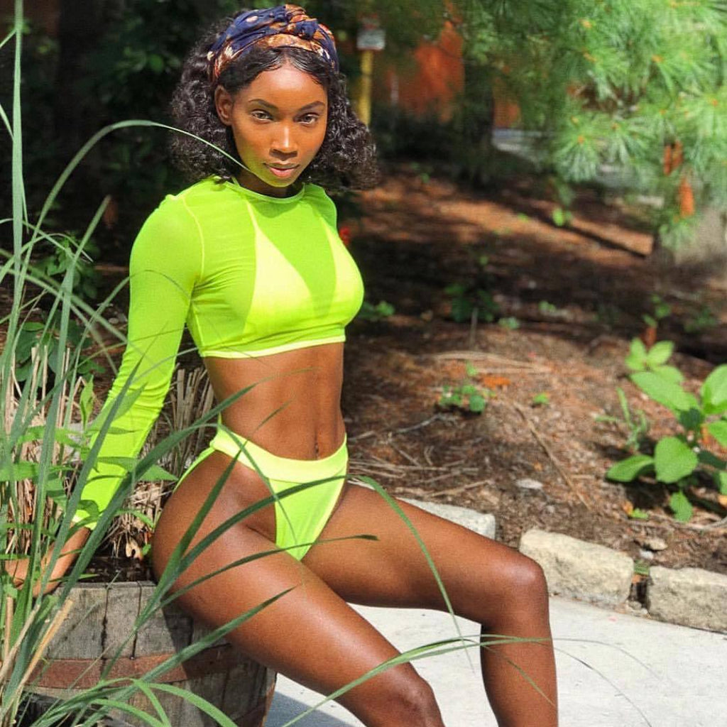 3 Piece Neon Green Bikini Swimsuit Women Sexy Long Sleeve Swimwear Women High Waist Bikini Set High Cut Bathing Suit - DanaFashionstore